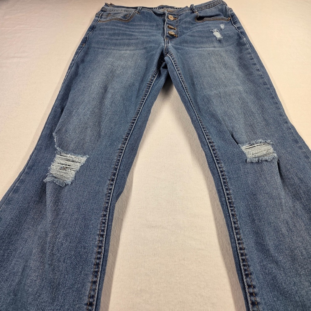 Wallflower Flirty Curvy High Rise Button Fly Flare Denim Distressed Faded Jeans - Picture 3 of 16